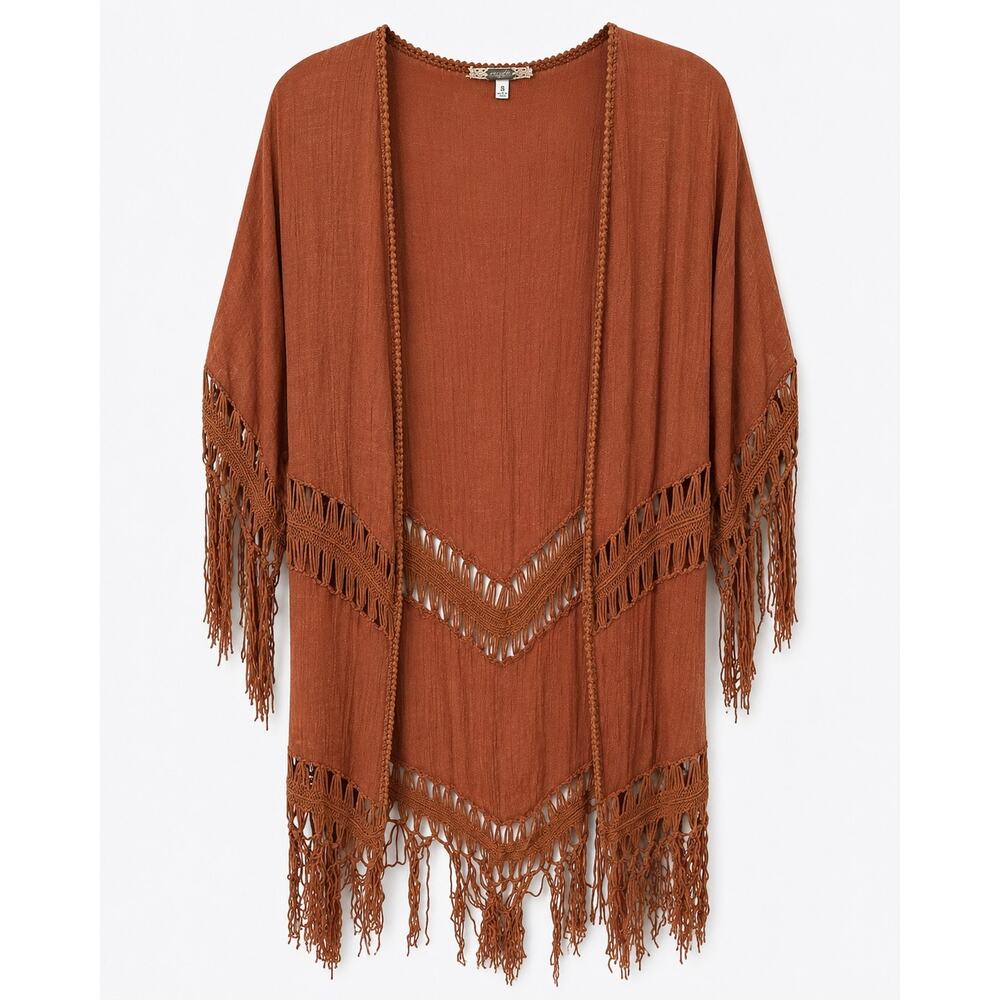 Gimmicks by BKE Rust Fringe Kimono Small Western Boho Crochet Festival Ready